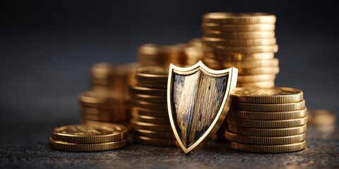A golden shield stands guard before stacks of shiny gold coins on a textured surface