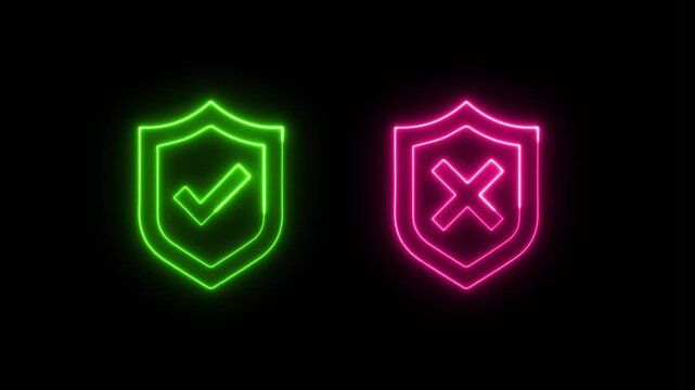 Glowing Neon Check Mark and Cross Icon. Glowing Approval and Cancel Symbol.