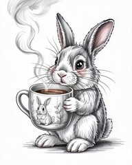 A Monochromatic Study in Pencil of a European Rabbit and the Subtle Highlights on a Glazed Earthenware Vessel