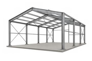 Steel building framework structure on concrete foundation