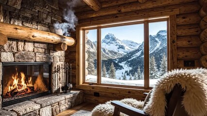 Cozy cabin interior with fireplace chair and mountain view through window warm lighting and relaxation theme