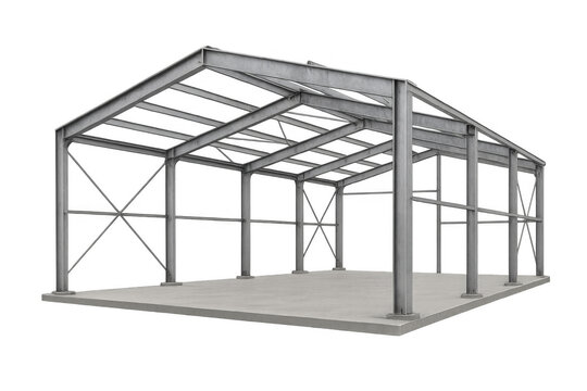Steel building framework structure on concrete foundation