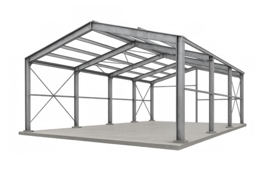 Steel building framework structure on concrete foundation - Powered by Adobe