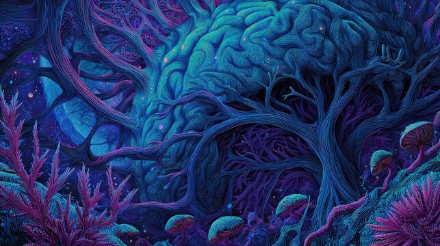 An intricate, vibrant illustration depicting a surreal landscape with brain-like trees and colorful flora under a starry night sky.