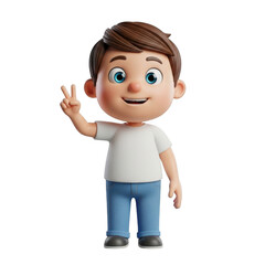 A cheerful cartoon boy with brown hair wearing a white t shirt and blue jeans making a peace sign gesture isolated on transparent background