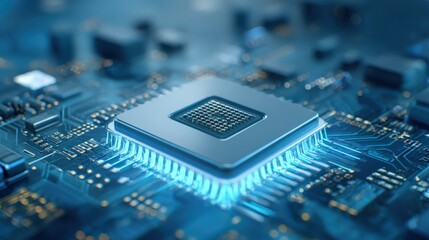 A close-up of a futuristic microprocessor on a circuit board, featuring glowing blue elements and intricate connections.