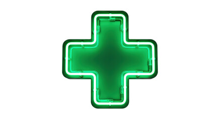 Obraz premium Green Neon Plus Sign Isolated on Black Background Medical Health Symbol