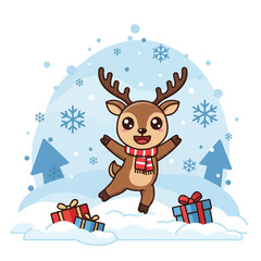 Fototapeta premium Cartoon reindeer in a red and white scarf jumping happily in front of a snowy scene with gifts and pine trees on a white background with a festive mood.