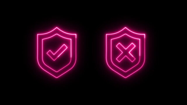 Glowing Approval and Cancel Symbol. Glowing Neon Check Mark and Cross Icon