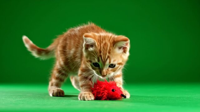 Playful orange kitten pounces on red plush toy against green background