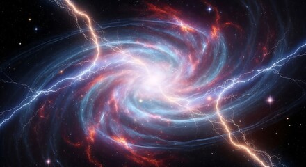 Spiraling galaxy glowing with pink and blue cosmic energy.