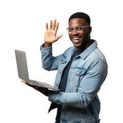 Joyful african american man wearing glasses and denim jacket waving while holding a laptop isolated on transparent background