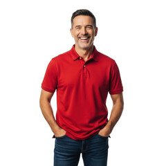 A smiling middle aged man wearing a red polo shirt and blue jeans with his hands in his pockets isolated on transparent background