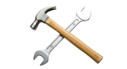 Crossed Hammer and Wrench Tools for Repair and Construction Isolated on Black Background