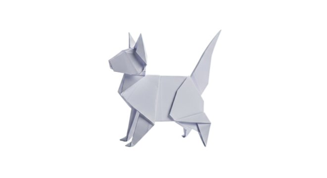 Delicate white origami dog sculpture in profile isolated on black background symbol of art and craft