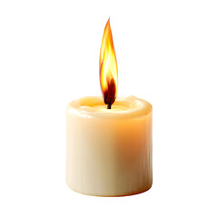 Single lit white candle with a warm glowing flame burning brightly isolated on transparent background
