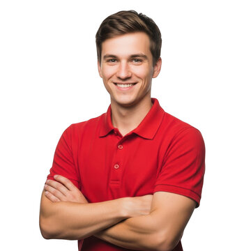 Smiling young man with short brown hair wearing a red polo shirt with arms crossed isolated on transparent background