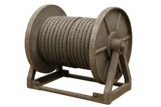 Metal hoist reel with wire cable transparent background