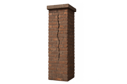 Brick pillar with cracked masonry showing damage