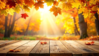 Autumnal Splendor - A Wooden Table Amidst Falling Leaves.