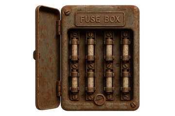 Old rusty metal electric fuse box with fuses