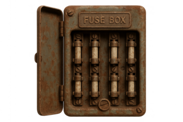 Old rusty metal electric fuse box with fuses