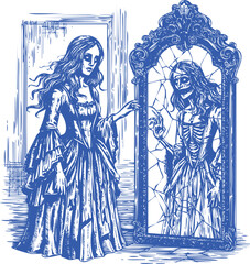 Fototapeta premium Woman in Dress Looking at Skeleton Reflection in Cracked Mirror vintage gothic