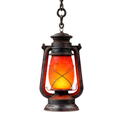 Vintage kerosene lantern with glowing orange flame hanging from a chain isolated on transparent background