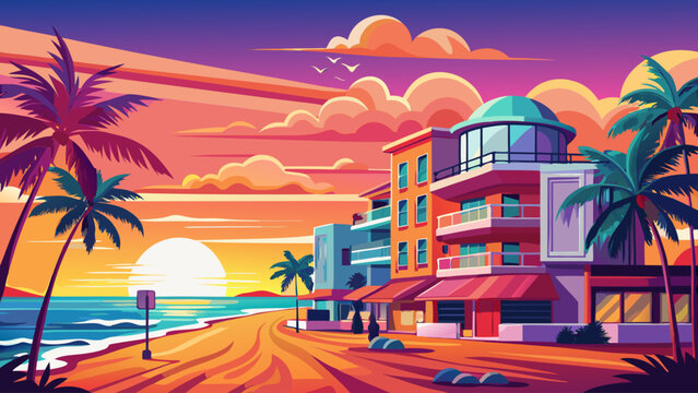 Very beautiful sunset view of South Beach and Ocean Drive along Florida&rsquo;s East Coast in Miami, USA, with palm trees, Art Deco buildings, and vibrant evening lights.