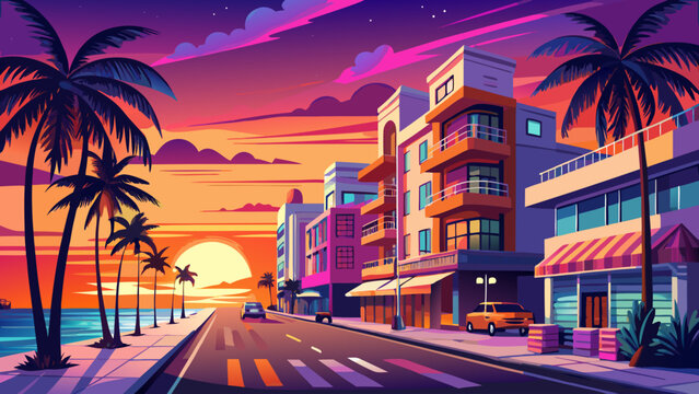 Very beautiful sunset view of South Beach and Ocean Drive along Florida&rsquo;s East Coast in Miami, USA, with palm trees, Art Deco buildings, and vibrant evening lights.