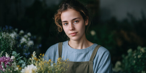 Female Florist Posing with Fresh Flowers in Flower Shop Interior