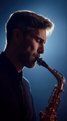 Man Playing Saxophone in Dramatic Spotlight with Soft Background