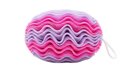 Vibrant Pink and Purple Exfoliating Bath Puff with Hanging Loop Isolated on Transparent Background