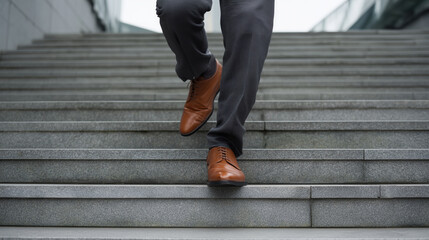 Close-up of Businessman Walking Down Stairs in Elegant Brown Shoes