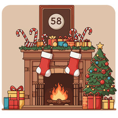 A festive holiday scene with a fireplace, Christmas tree, stockings, and gifts against a beige background with a warm and cozy mood.