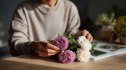 Woman Arranging Fresh Flowers in a Bright and Cozy Room