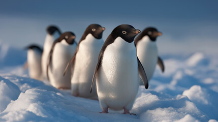 Adélie Penguins Walking Together on Snowy Landscape in Antarctica