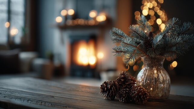 pine branches in vase and cones on wooden table on blurred background with cozy living room decorated with christmas tree burning fireplace winter holidays background