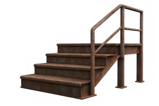Rusty metal industrial stairs with railing on transparent background