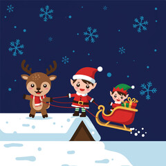 Cartoon Santa Claus and elf riding sleigh pulled by reindeer on snowy rooftop against starry night sky with snowflakes