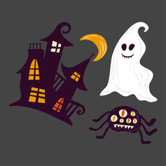 Halloween illustration of a haunted house, a friendly ghost, and a spider with eyes