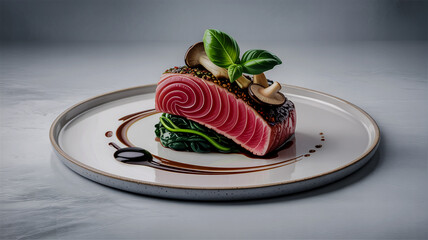 Seared Tuna Steak with Mushrooms and Basil on a White Plate with Balsamic Drizzle fish seafood