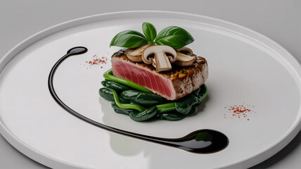Seared Tuna Steak with Greens, Mushrooms, and Balsamic Glaze on a White Plate fish seafood
