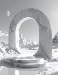 Minimalist Marble Archway on Snowy Landscape with Distant Mountains.