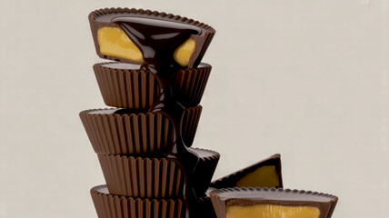 Stack of Chocolate Peanut Butter Cups with Drizzled Chocolate Sauce candy sweet