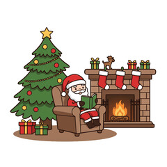 Cartoon Santa Claus sitting in a chair reading near a Christmas tree and fireplace with stockings