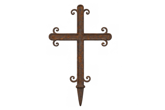 Rusty ornate metal cross grave marker with transparent background