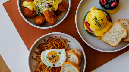 Three Plates of Breakfast Food with Eggs, Toast, and Croquettes fried egg poached egg