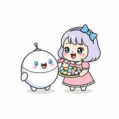 Fototapeta premium Adorable girl shares colorful cookies with her small robot