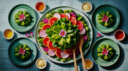 Vibrant Salad Platter with Citrus Slices, Radishes, and Edible Flowers Surrounded by Individual Servings Keywords: salad, fresh salad, vegetable salad, healthy food, vibrant